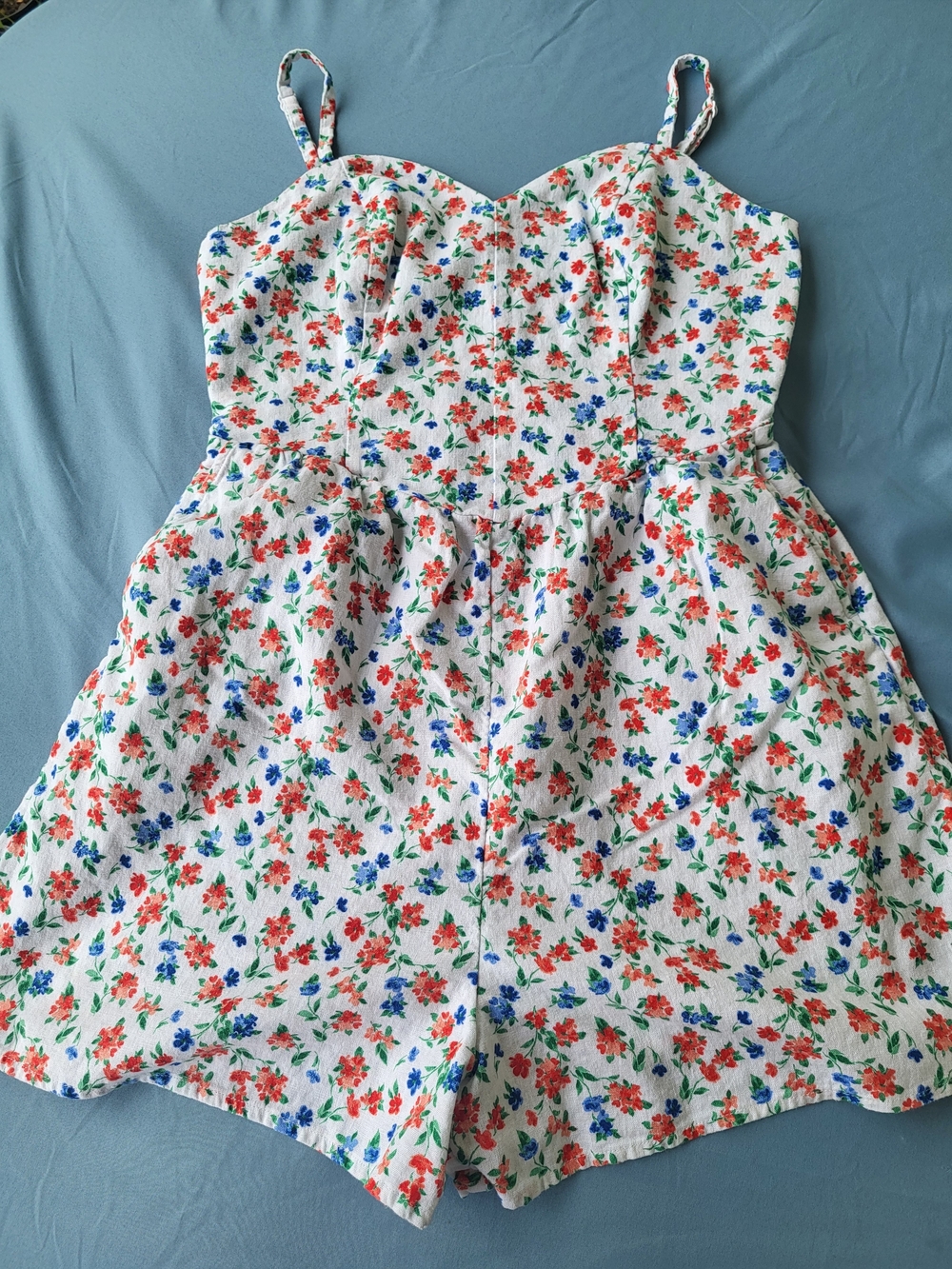 Old Navy White Floral Sundress Romper with Red & Blue Flowers